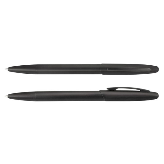 A metal pen set in black, featuring a sleek design with a clip on one pen and a smooth barrel.