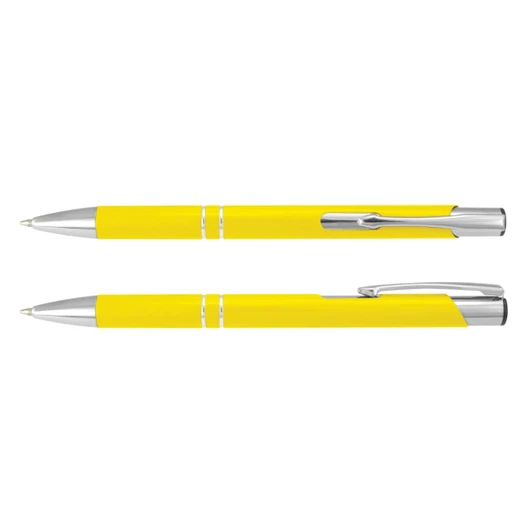 A bright yellow metal pen with silver accents, showcasing a sleek design and a clip for easy attachment.