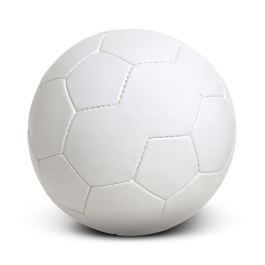 A white soccer ball with black pentagon patterns and visible stitching. The ball features a logo.