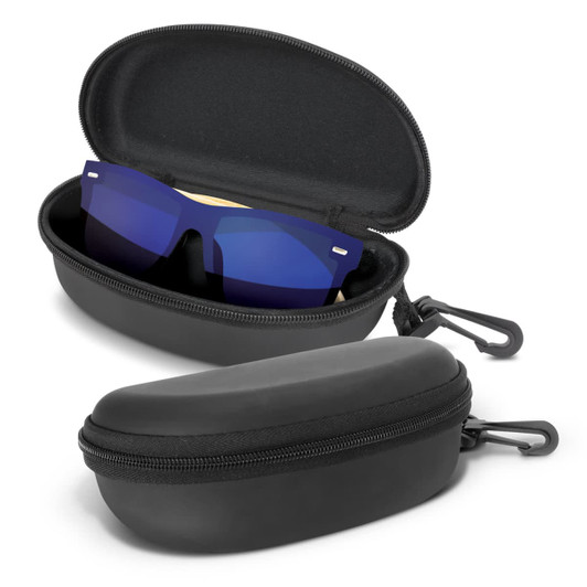 A pair of blue mirror lens sunglasses nestled in a black zippered case. The case is partially open to reveal the sunglasses inside.
