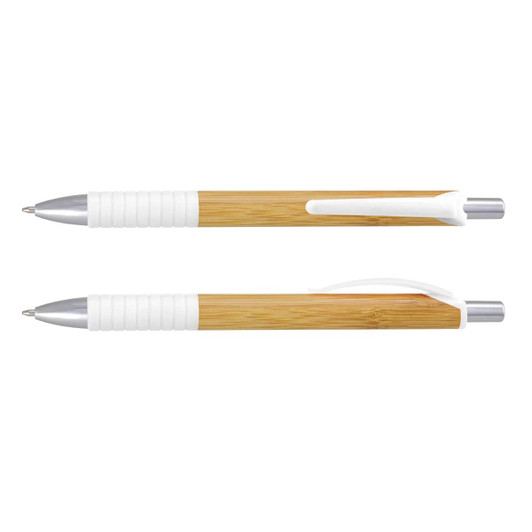 A bamboo pen with silver accents and a white grip, featuring a clip and a minimalist design.