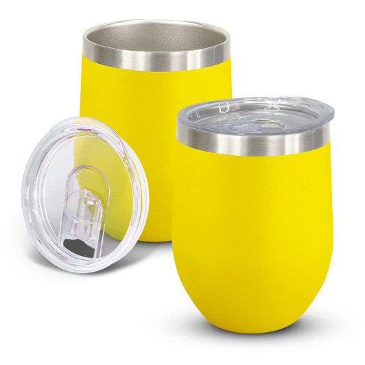 A drink bottle set featuring two yellow vacuum cups with stainless steel rims and clear lids.