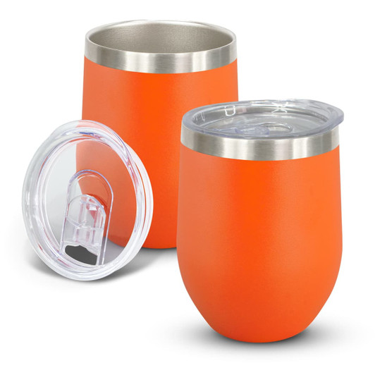 A drink bottle set featuring two orange vacuum cups with stainless steel rims and clear lids.