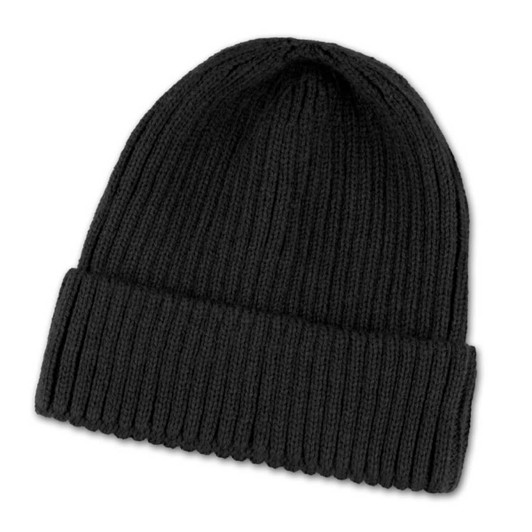 A black knitted beanie with a rolled cuff and a textured finish. It features a logo on the side.