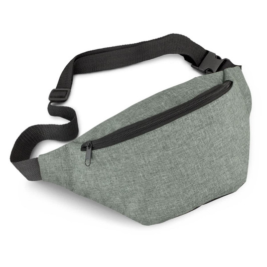 A grey belt bag with a single zippered pocket and an adjustable strap, featuring a branding logo.