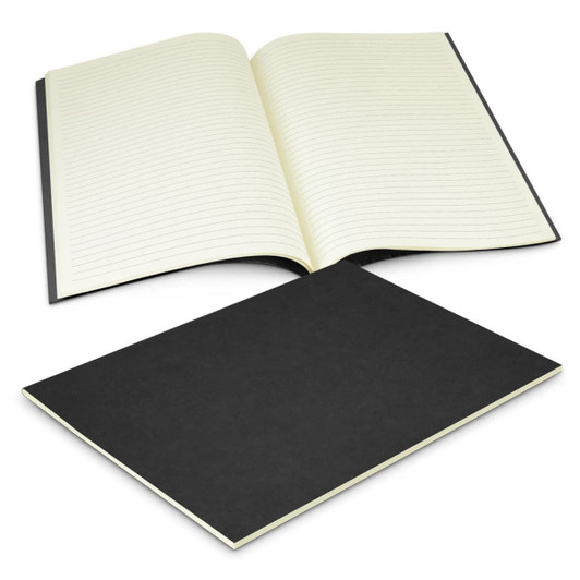 A large notebook with lined cream pages and a black cover, partially opened to display its pages.