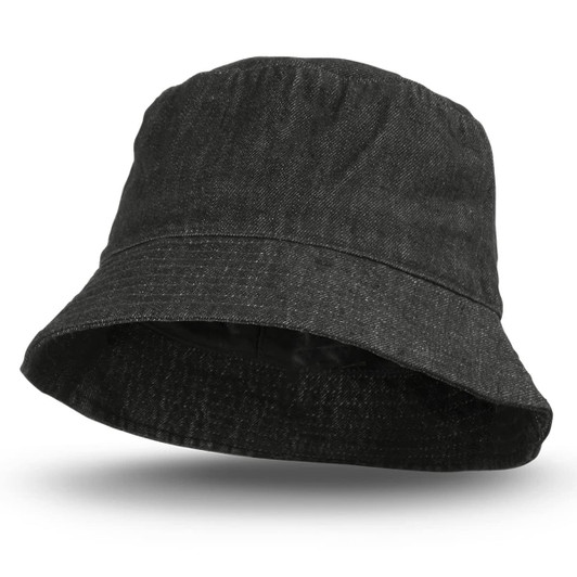 A black denim bucket hat with a wide brim and an inner lining, featuring a logo on the side.