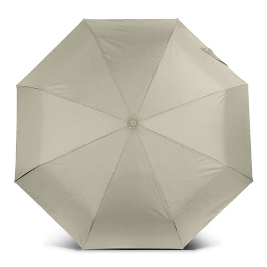 A compact umbrella in a light khaki colour with an octagonal shape and a central opening mechanism. It has a logo.