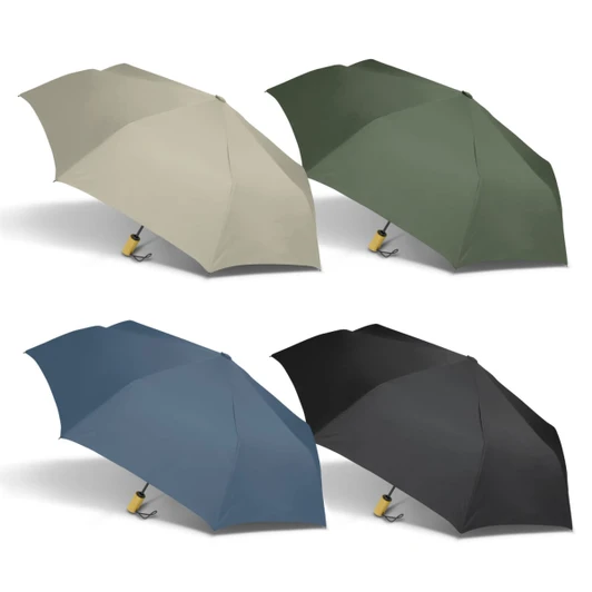 A compact umbrella available in beige, green, blue, and black, featuring a small branding logo.