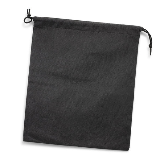 A large drawstring gift bag in black, featuring a simple design and adjustable closure.