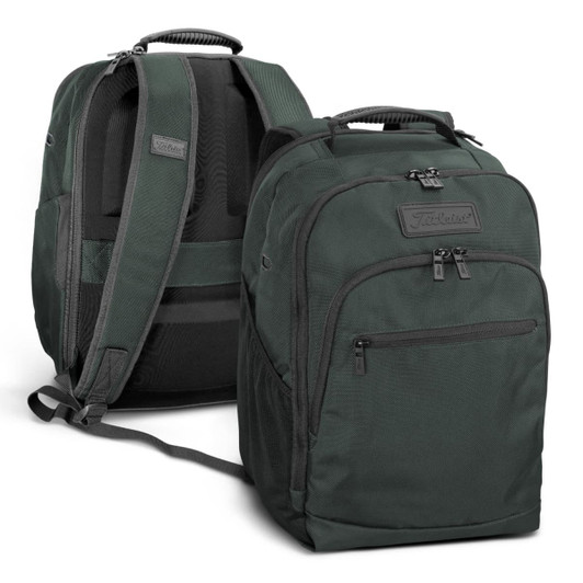 A green backpack with multiple compartments, featuring padded straps and a logo.