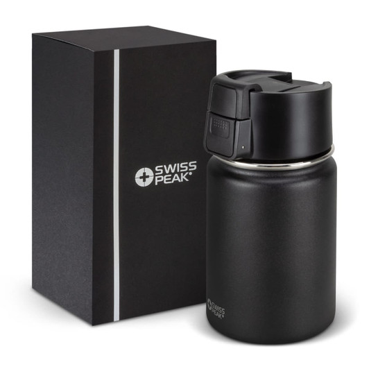 A drink bottle in matte black with a lid, beside a black box featuring a logo.