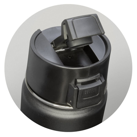 A drink bottle featuring a black vacuum design with a flip-top lid and a handle for easy carrying.