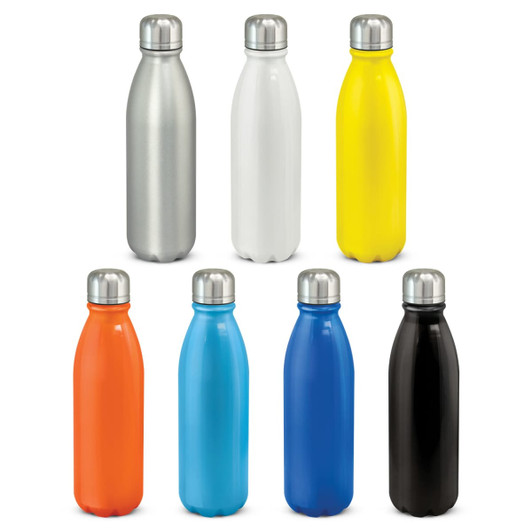 A drink bottle collection featuring aluminium bottles in silver, white, yellow, orange, blue, black, and turquoise with metal lids and branding.