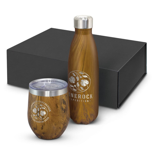 A drink bottle and insulated tumbler in a wooden finish, presented in a black gift box with a logo.