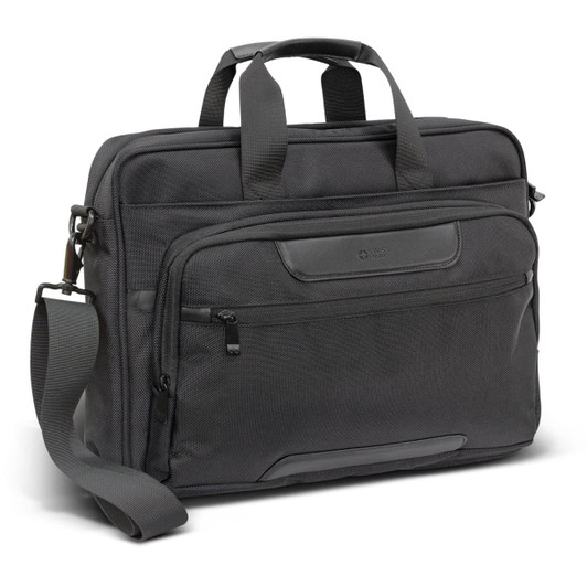A grey laptop bag with multiple compartments, featuring a shoulder strap and handle, along with a logo.