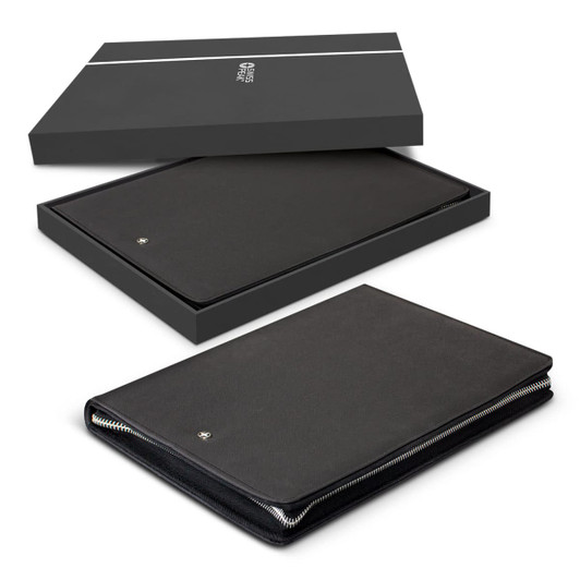 A black A4 portfolio with a zipper, presented in an elegant black box. It features a subtle logo.