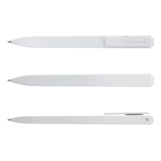 A white Moleskine Go Pen displayed in three orientations, featuring a clip and sleek design.