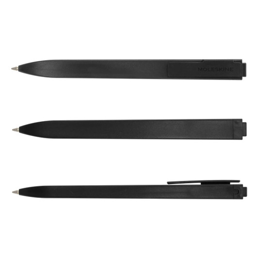 A set of black Moleskine Go pens displayed from different angles, featuring a sleek design and a branding logo.