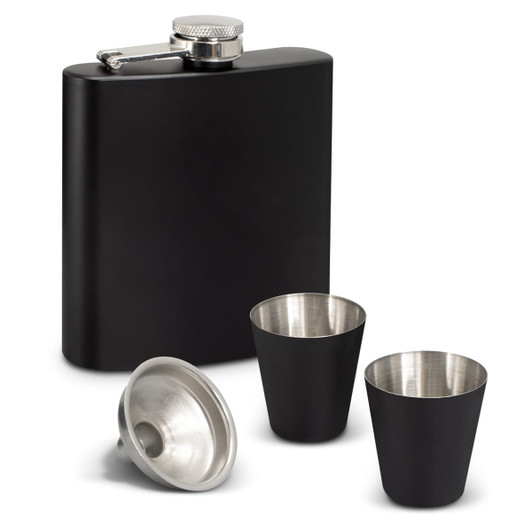 A black hip flask gift set including a flask and two matching stainless steel cups, featuring a logo.