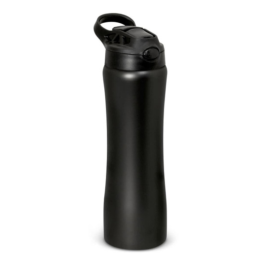 A drink bottle in matte black with a flip-top lid and a carrying handle, featuring a logo.