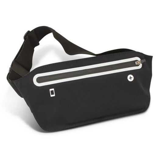 A black running belt with a reflective zipper, featuring an adjustable strap and a logo.