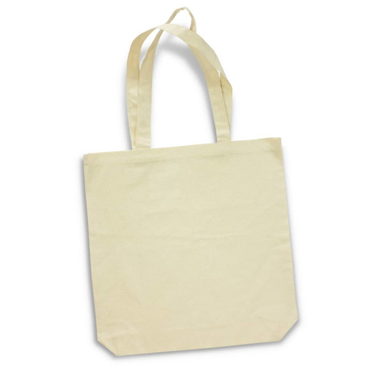 A neutral-toned cotton tote bag with two handles and a simple design, featuring a logo.