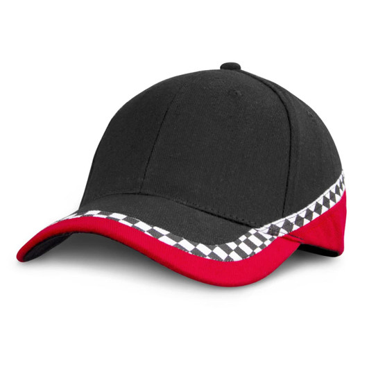 A black cap with a red brim and a checkered pattern along the edge, featuring a logo on the front.