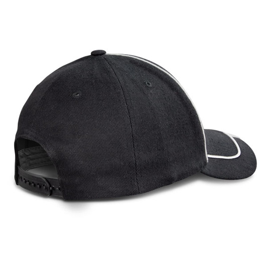 A black cap with a curved brim, featuring a contrasting white detail and an adjustable strap at the back.