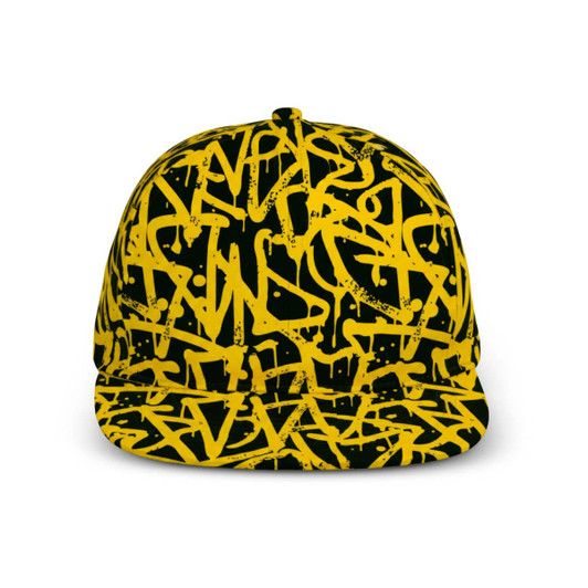 A custom flat peak cap featuring a black base with vibrant yellow graffiti-style patterns and a branding logo.