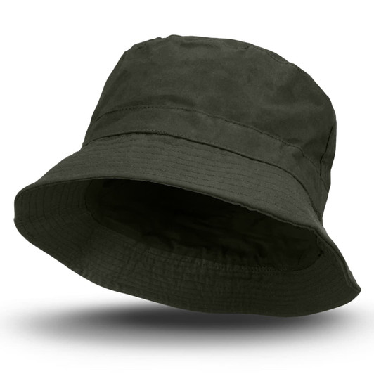An olive green oilskin bucket hat with a wide brim and a simple design, featuring a logo on the side.