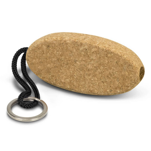 A cork floating key ring in a natural beige colour, featuring a black nylon strap and a metal keyring.