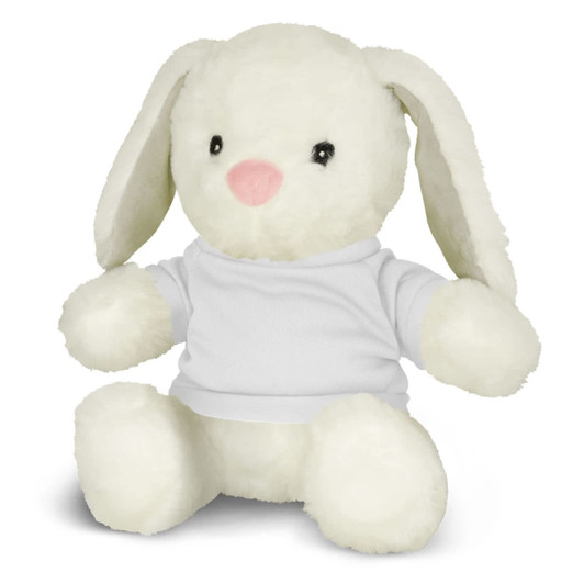 A white rabbit plush toy with long ears and a pink nose, wearing a plain white t-shirt.