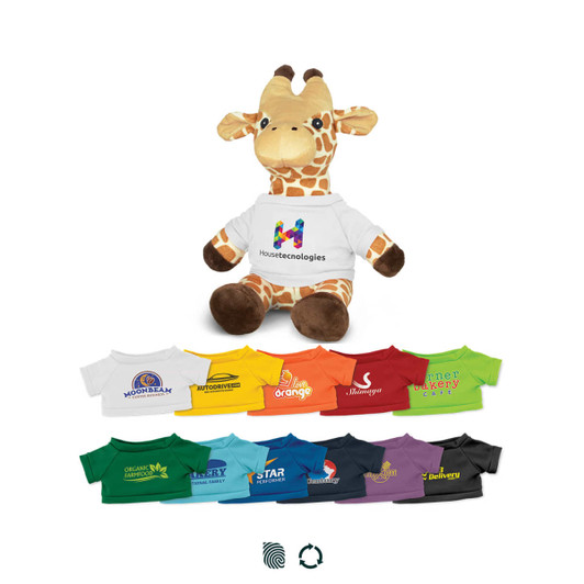 A plush giraffe toy with a white t-shirt, surrounded by various coloured t-shirts, including blue, yellow, green, and purple.