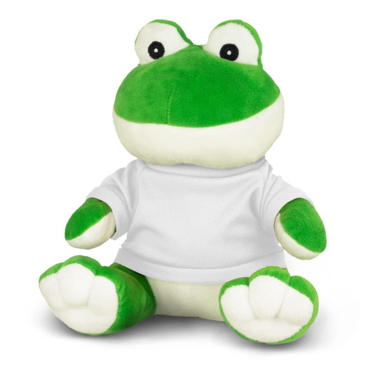 A green frog plush toy with a white shirt, featuring large eyes and a smiling face. It has a soft, rounded body.