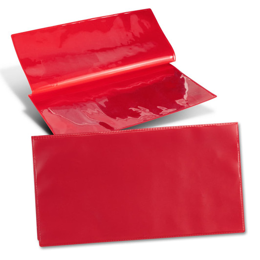 A red vinyl travel wallet with a glossy finish, featuring an open flap and a smooth, plain exterior.