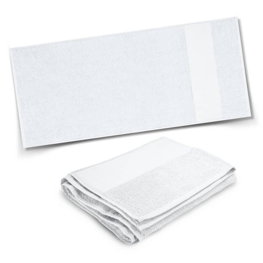 A set of white Marina Terry Towels, featuring a plain design with a textured section. One towel is neatly folded.