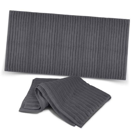 A grey luxury bath towel set with a textured design, featuring a large towel and a smaller hand towel.