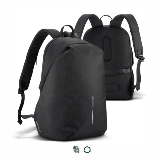 A black backpack with a sleek design, featuring padded straps and a logo, shown from the front and back perspectives.