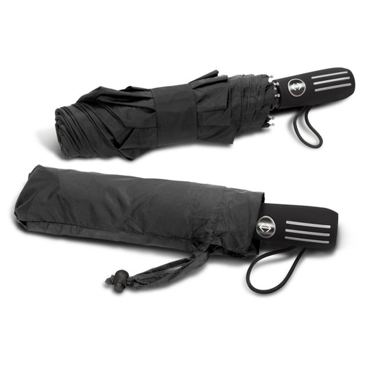 A black compact umbrella with a handle and a matching cover, featuring a logo on the handle.