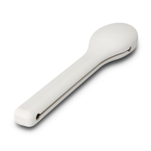 A white travel cutlery set featuring a spoon with a sleek, modern design. The item has a logo.
