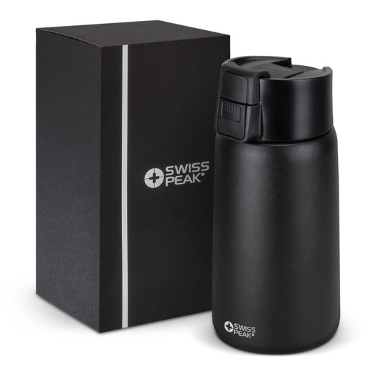 A drink bottle in matte black with a sleek design, alongside a black boxed packaging. It features a logo.