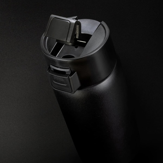A drink bottle in matte black with a secure lid and a built-in sipping spout, featuring a logo.