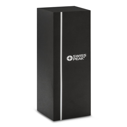 A sleek black packaging box with a vertical stripe and a logo. Suitable for holding a vacuum bottle.