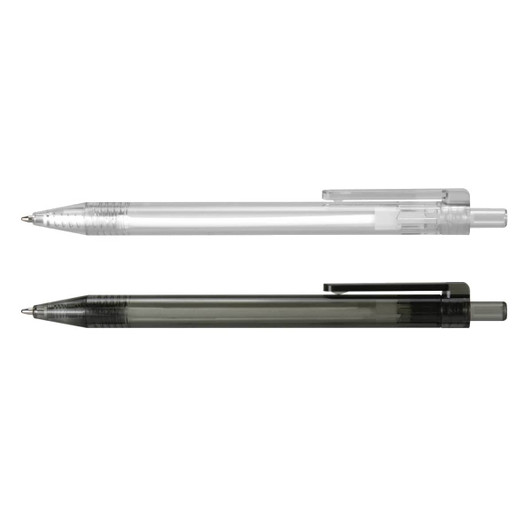 A set of two plastic pens, one transparent and the other dark grey, both featuring clips and a logo.