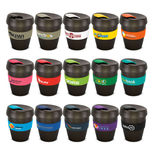 A collection of black drink bottles with various coloured silicone bands and logos. Each bottle holds 350ml.
