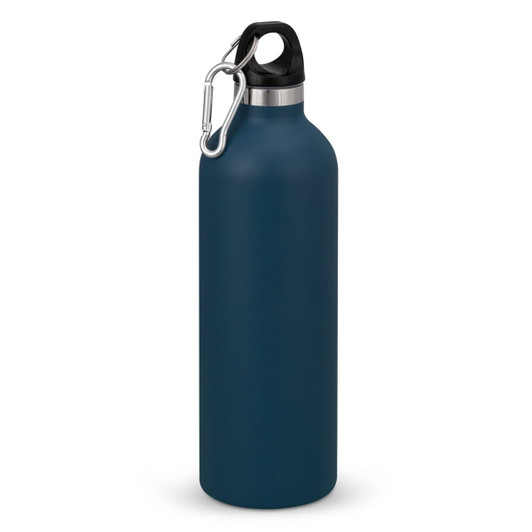 A drink bottle in deep blue with a silver collar and a black top, featuring a carabiner clip.