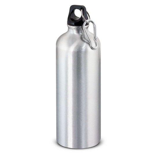 A drink bottle in shiny silver metal with a black lid and carabiner. It has a sleek, minimalist design.