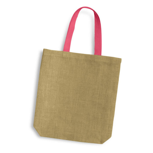 A jute tote bag with a natural tan body and bright pink handles. The bag has a plain design and a logo.