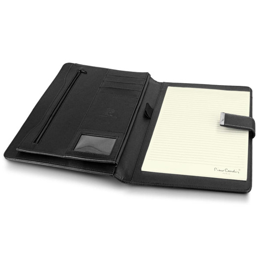 A black portfolio with a zip pocket, card slots, and a notepad holder featuring a branding logo.